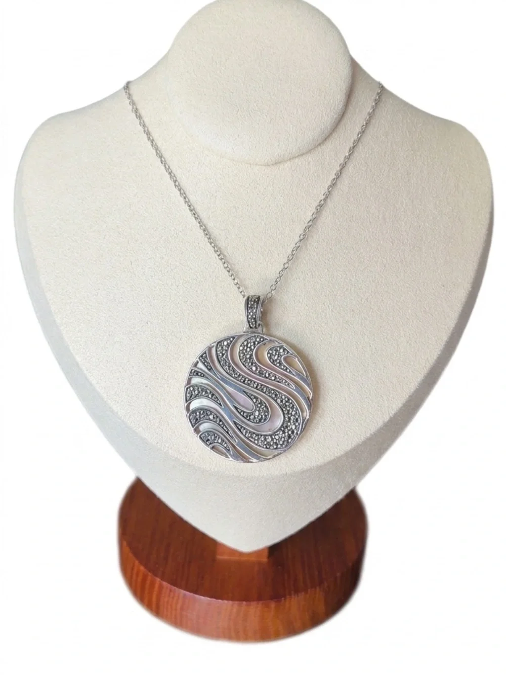 THALA 925 Sterling Silver Marcasite & Mother of Pearl Swirl Pendant Necklace